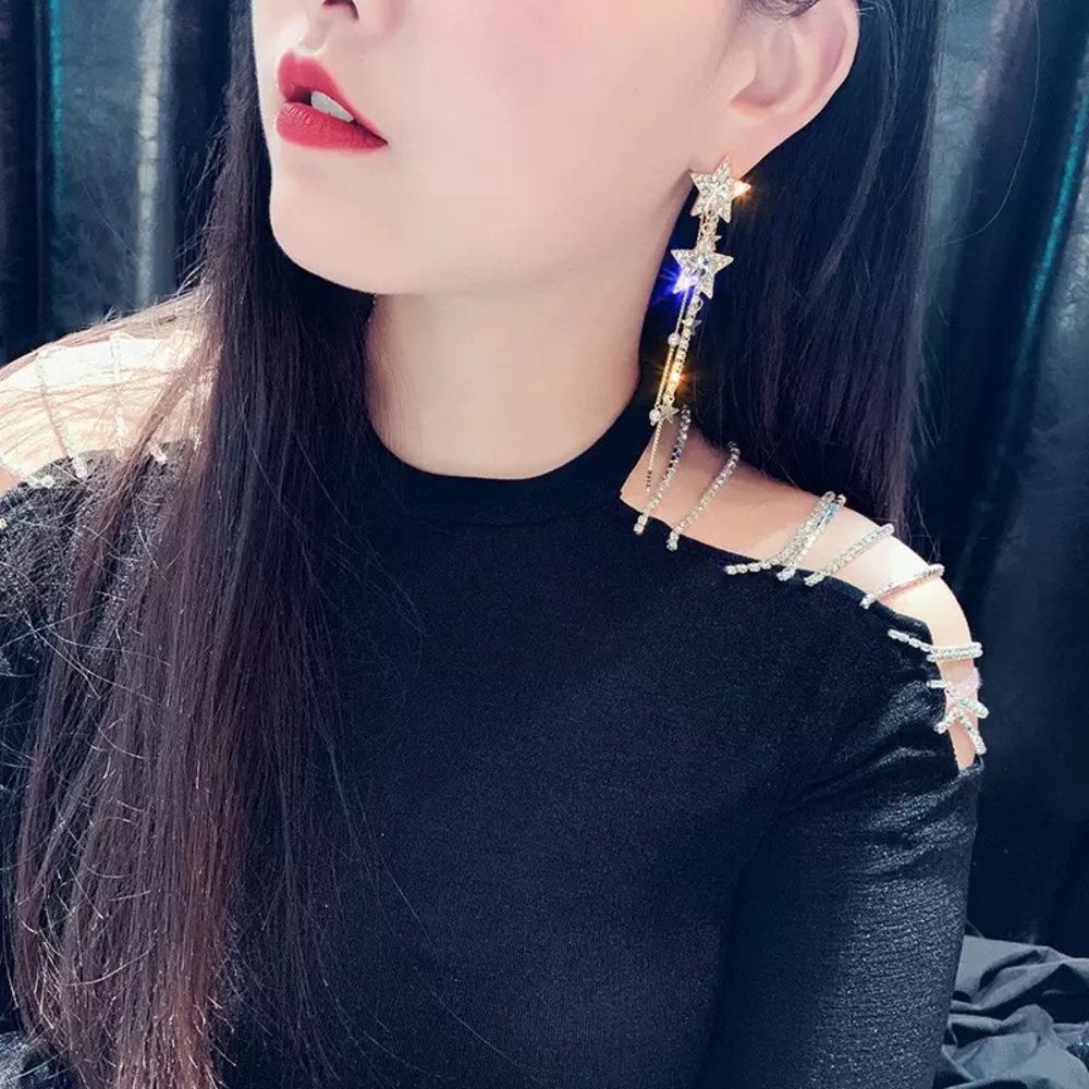 🌺Shiny Star Long Tassel crystal Drop earring - Picture 13 of 16